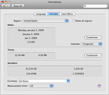 International System Preferences, Formats tab
