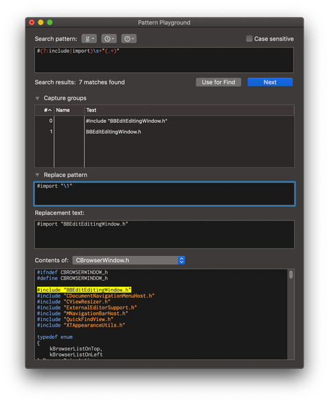 Reduced-size Pattern Playground window, dark mode