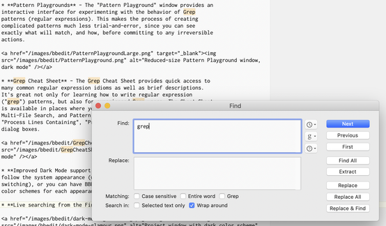 Partial screen capture with the word 'grep' typed in the Find window and matches highlighted in the window just behind it.