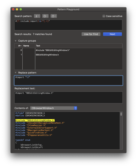 Reduced-size Pattern Playground window, dark mode